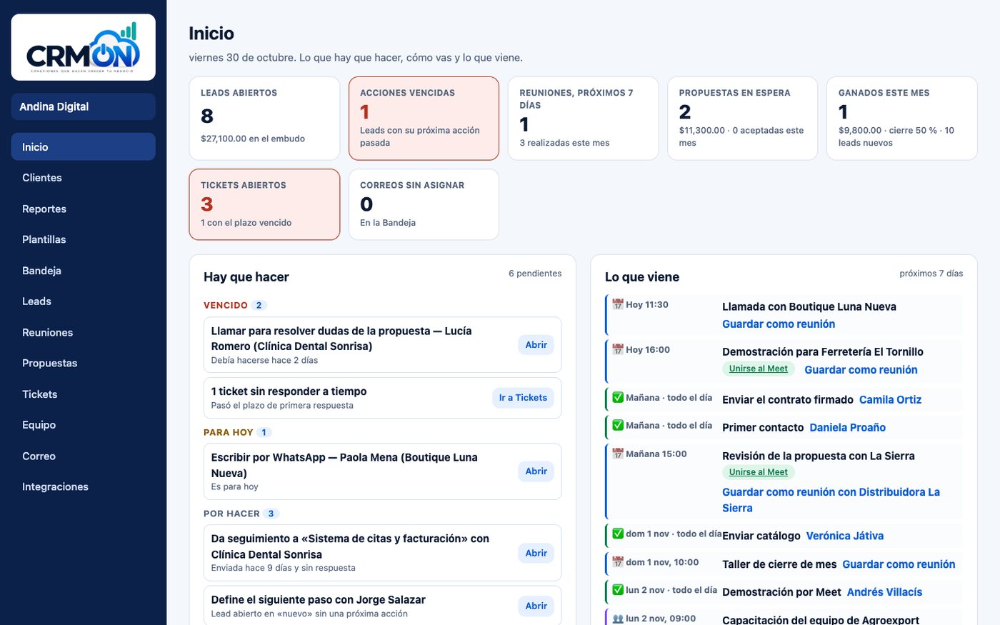 Pantalla de Inicio de CRM ON: cifras del momento (leads abiertos, acciones vencidas, propuestas en espera, tickets), la lista «Hay que hacer» y «Lo que viene» con las reuniones del calendario de Google