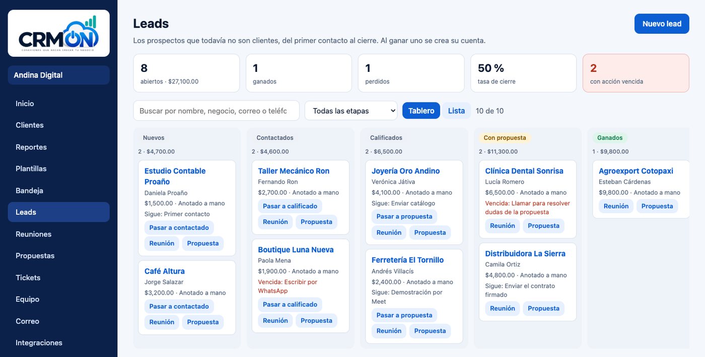 Tablero de leads de CRM ON con las columnas Nuevos, Contactados, Calificados, Con propuesta y Ganados, cada tarjeta con su valor y su siguiente paso; una acción vencida se ve en rojo