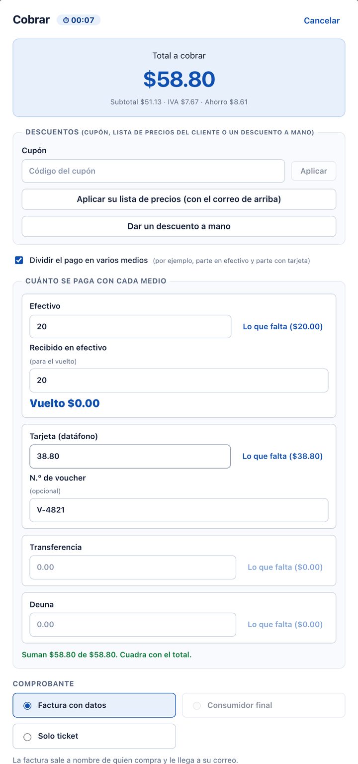 Ventana de cobro con el total a cobrar con su ahorro, el recuadro de descuentos, la casilla para dividir el pago, los montos de efectivo y tarjeta que cuadran con el total, y los tres comprobantes a elegir