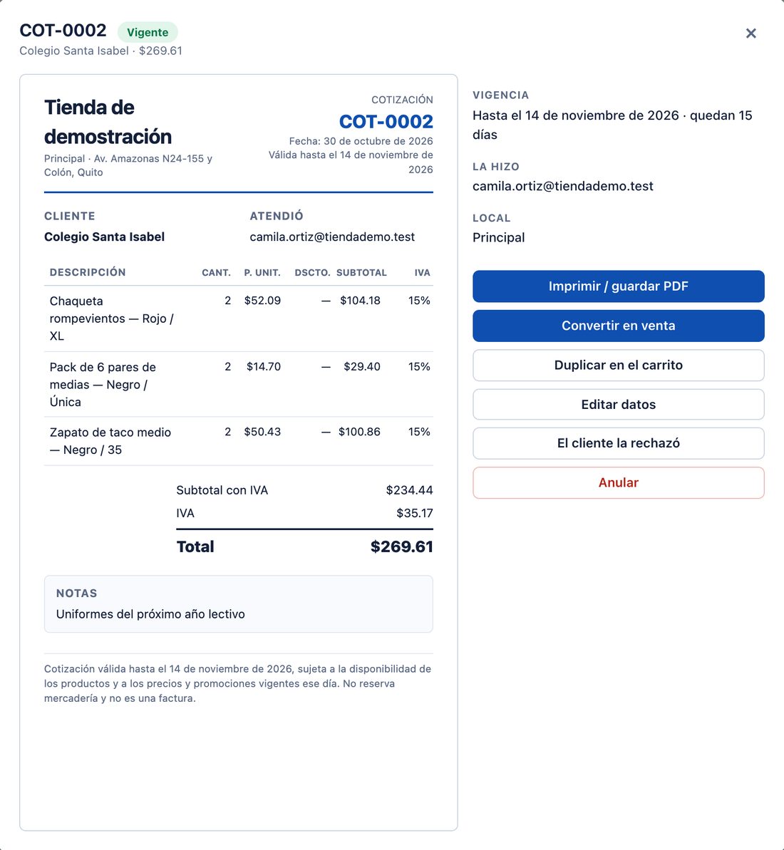 Hoja de una cotización vigente con la empresa, el cliente, las líneas con su IVA, el total, las notas y las acciones para imprimir, convertir en venta, duplicar, editar, rechazar o anular