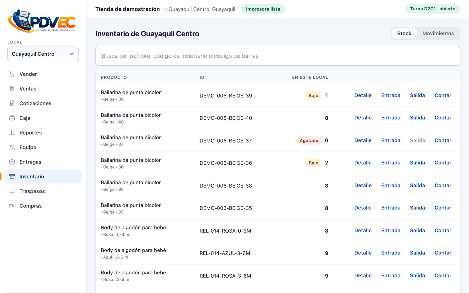 Inventario del local Guayaquil Centro: productos por talla y color con su código, el stock en ese local con etiquetas de Bajo y Agotado, y las acciones Detalle, Entrada, Salida y Contar
