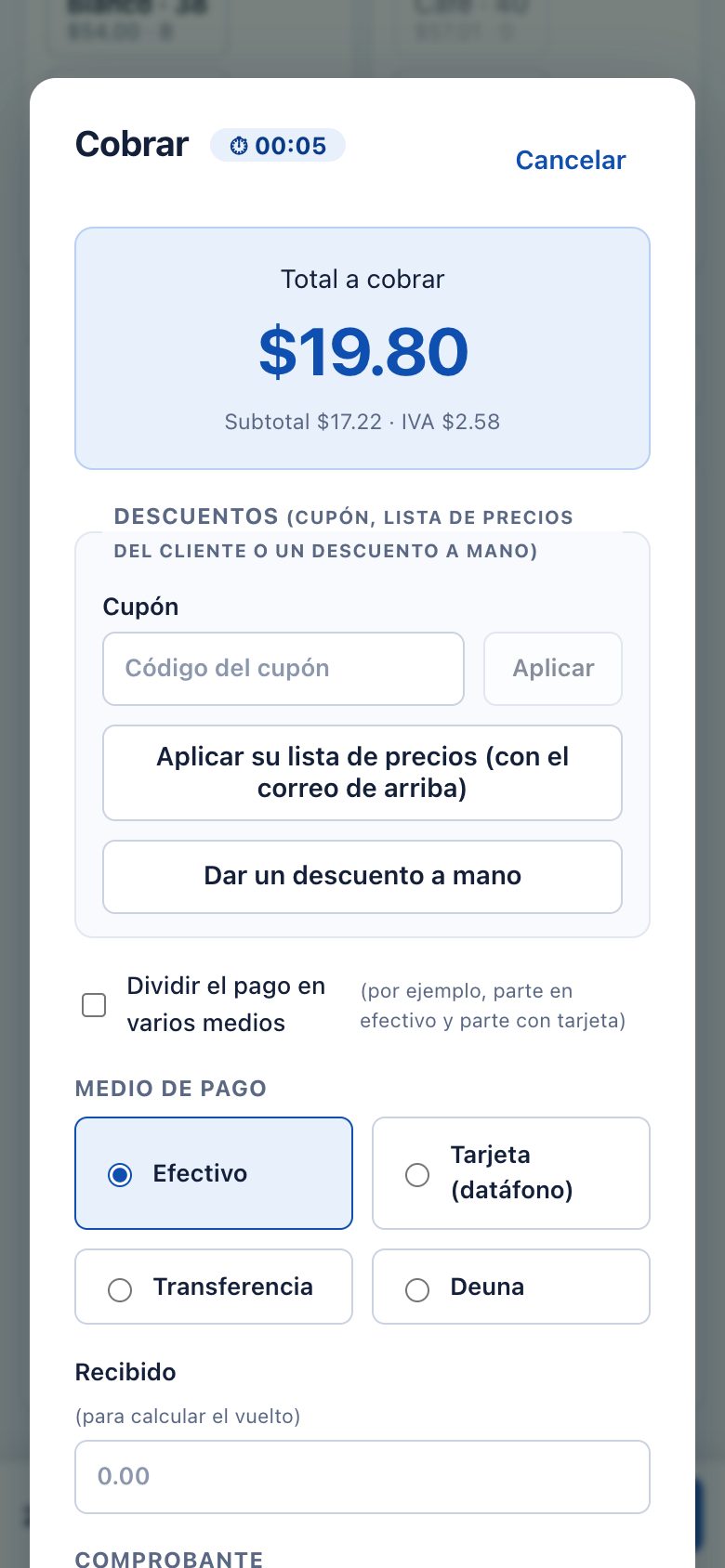 Ventana de cobro en el celular con el total a cobrar, el recuadro de descuentos y los medios de pago