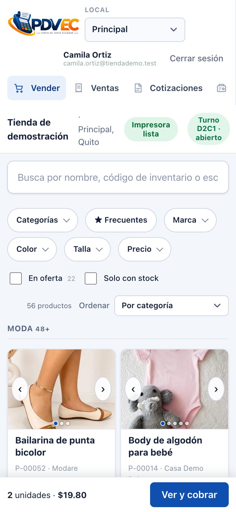 Pantalla de venta en el celular con buscador, filtros, tarjetas de producto de dos en dos y la barra inferior con dos unidades, el total y el botón Ver y cobrar