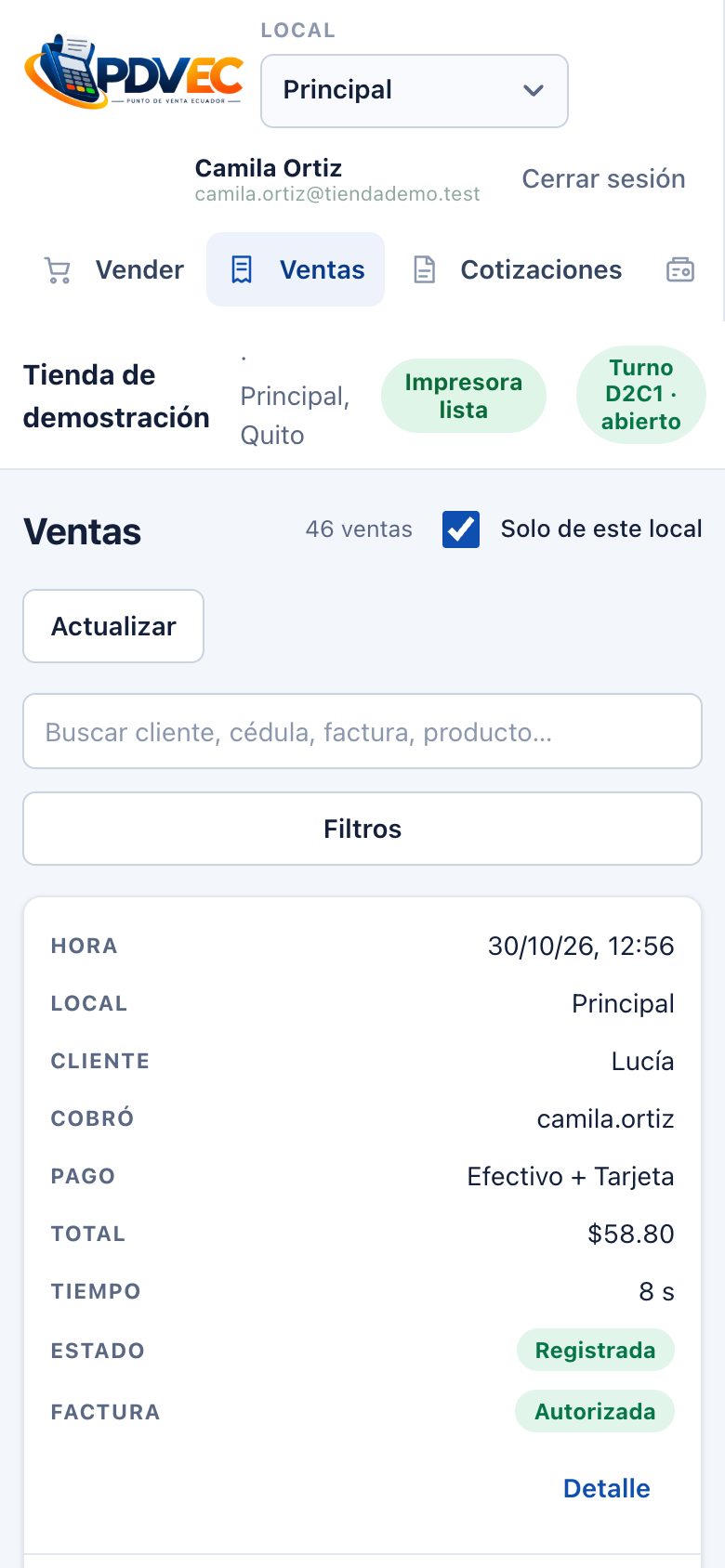 Lista de ventas en el celular, cada venta como una tarjeta con su hora, local, cliente, pago, total y estado