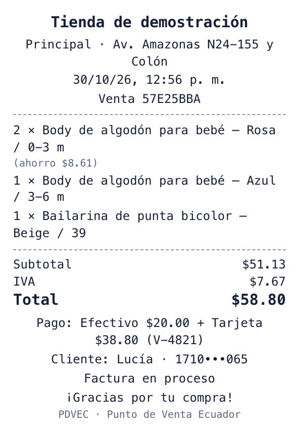 Ticket de la venta de demostración: productos, subtotal, IVA, total, pago dividido entre efectivo y tarjeta, cliente con el documento parcialmente oculto y la factura en proceso