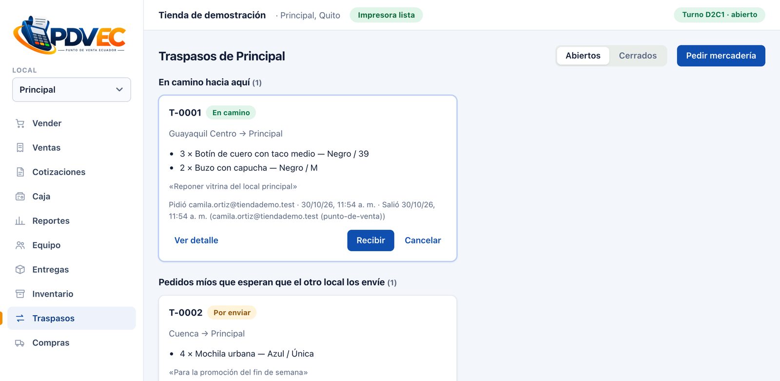 Pantalla de traspasos: uno en camino hacia el local y otro pedido que espera que el otro local lo envíe