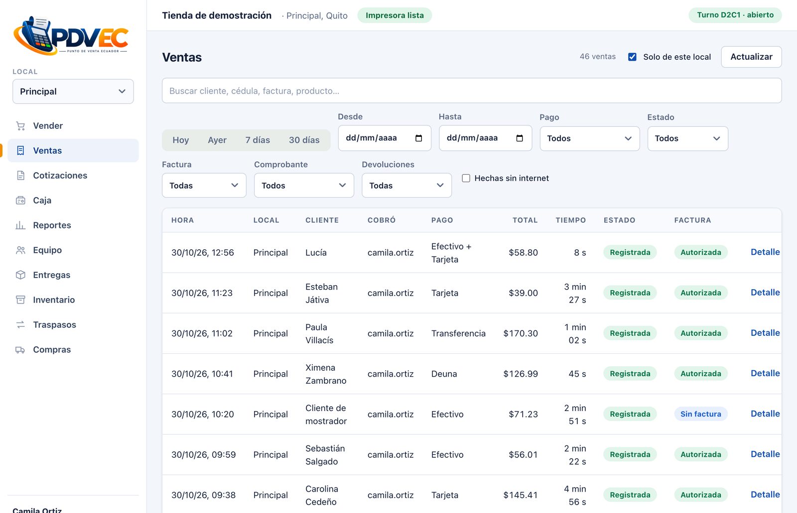 Lista de ventas con buscador, filtros por fecha, pago, estado, factura y comprobante, y las ventas con su cliente, quién cobró, el pago, el total, el tiempo y el estado de la factura