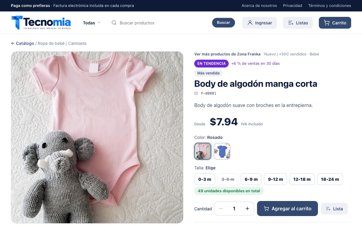 Ficha de un body de algodón rosado con colores y tallas por edad, de 0-3 a 18-24 meses; la talla 3-6 meses aparece tachada por agotada
