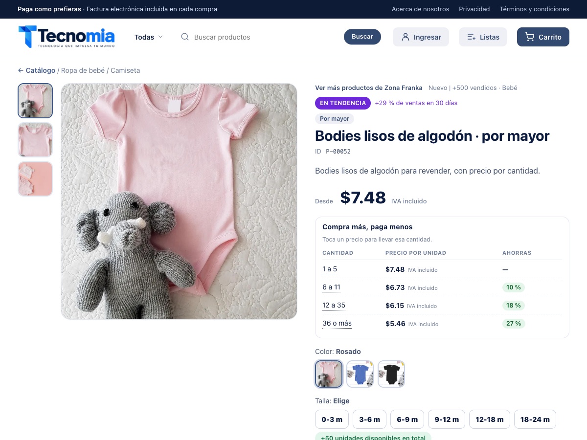 Ficha de bodies lisos de algodón por mayor con la tabla de precios por cantidad
