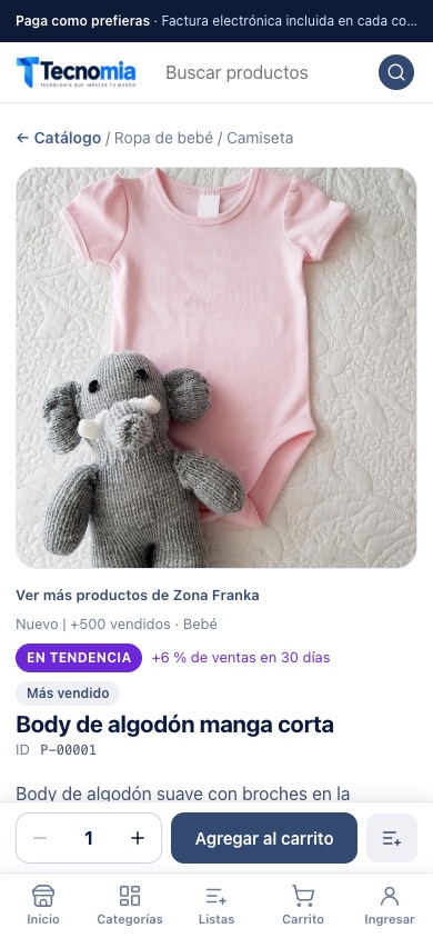 Ficha de un body de bebé en el celular con tallas y botón fijo para agregar al carrito