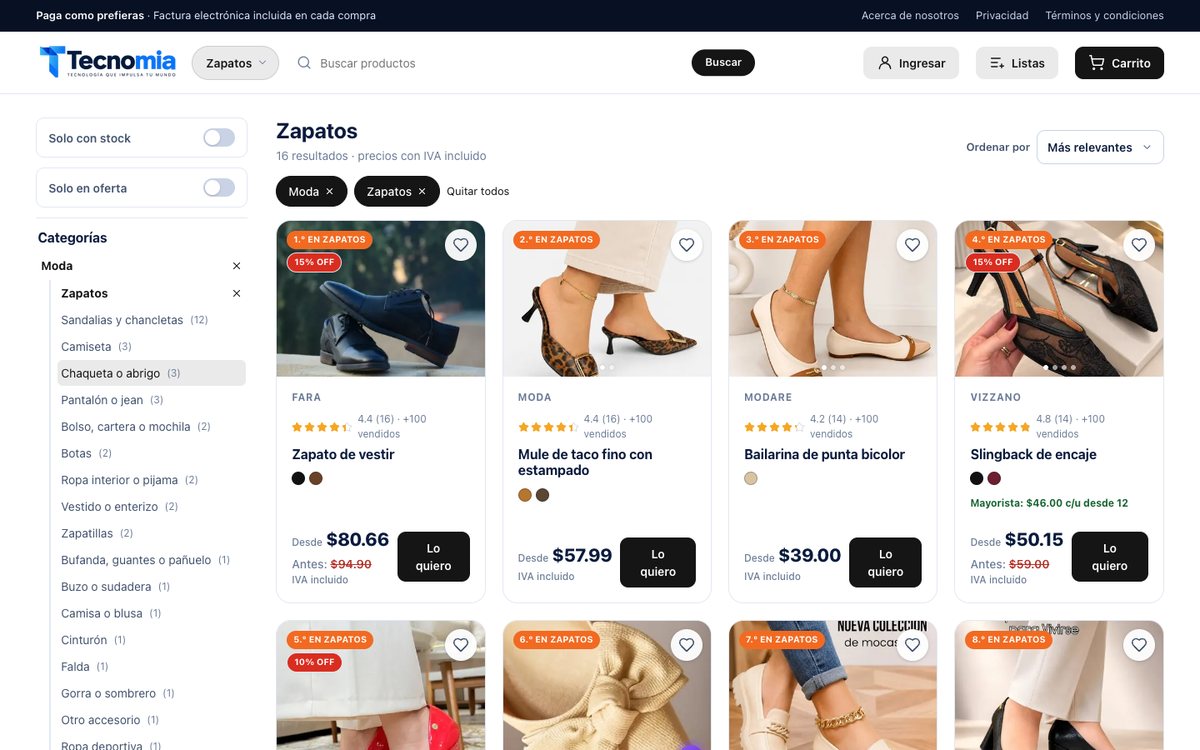 Categoría de zapatos de una tienda de demostración: filtros por categoría, marca, para quién y talla, y tarjetas con puesto en ventas, descuento, valoración y precio