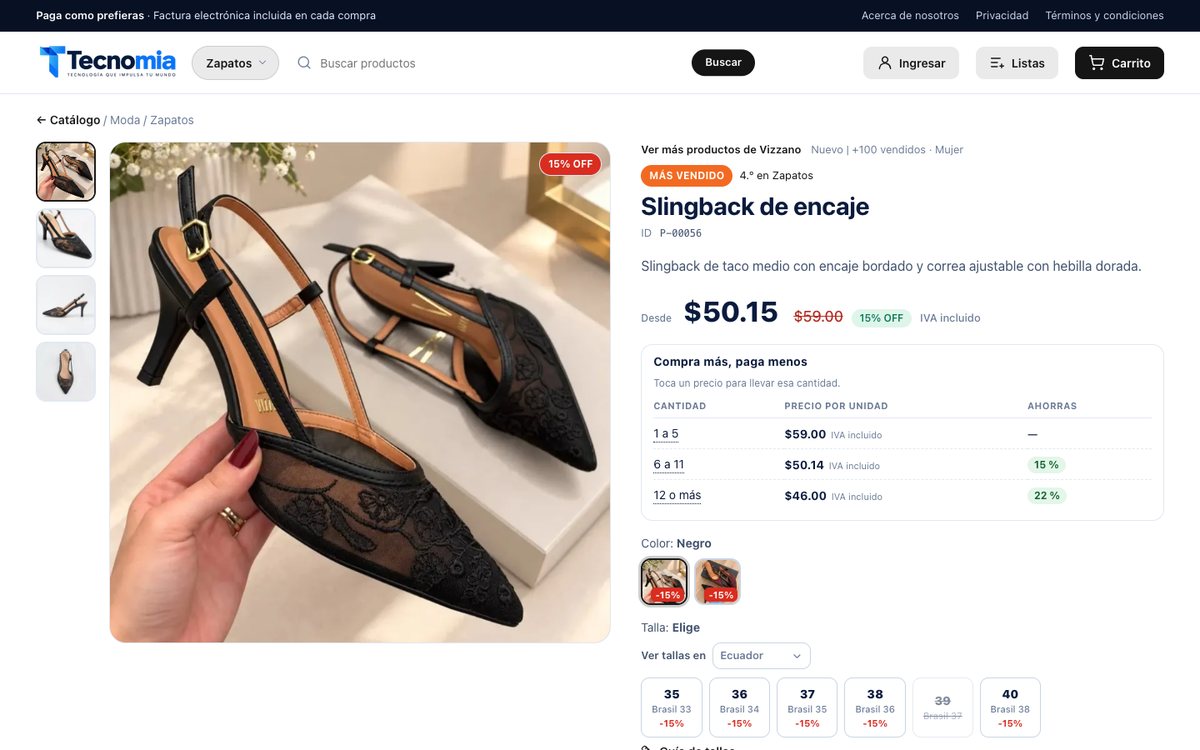 Ficha de un slingback de encaje: galería de fotos, descuento, colores y tallas con su equivalencia en Brasil; la talla 39 aparece tachada por agotada