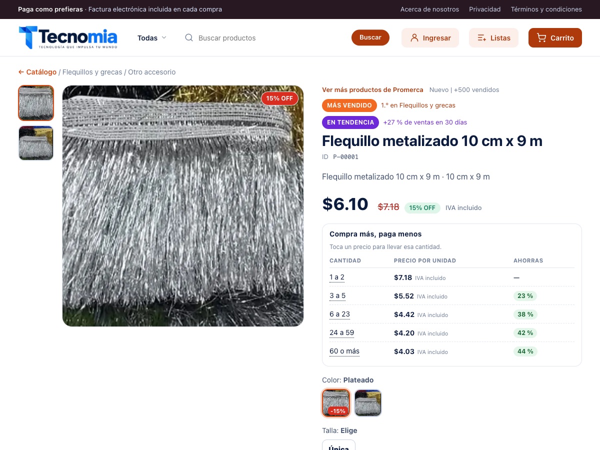 Ficha de un flequillo metalizado con la tabla «Compra más, paga menos»: de 1 a 2 unidades a 7,18 dólares y de 60 en adelante a 4,03 dólares, con ahorros de hasta 44 por ciento