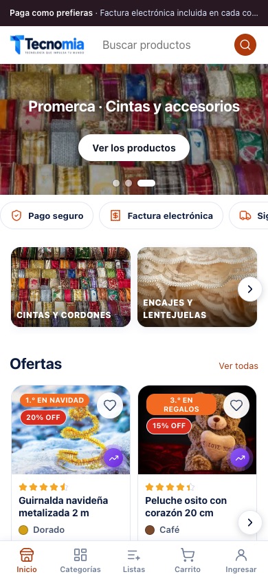 Portada de la tienda en el celular con buscador, banner, categorías y ofertas