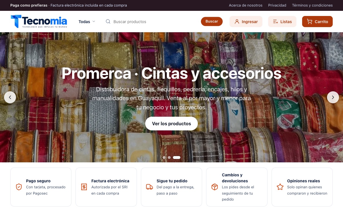 Portada de una tienda mayorista de cintas y accesorios con categorías y productos más vendidos