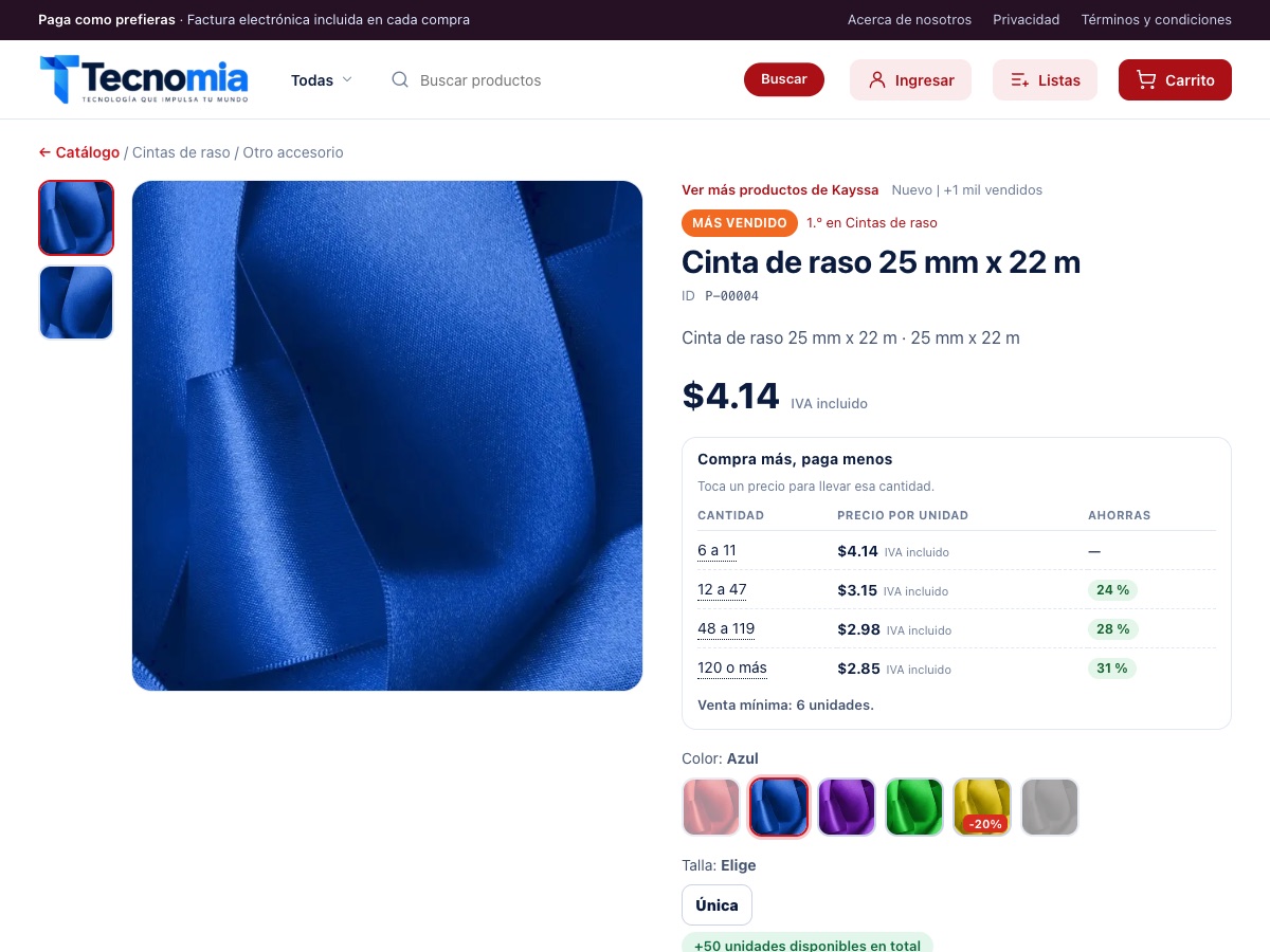 Ficha de una cinta de raso de 25 mm con la tabla de precios por cantidad desde 6 hasta 120 o más unidades y seis colores disponibles