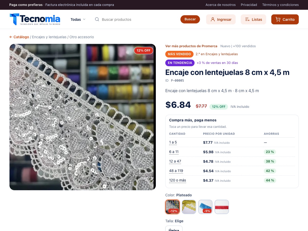 Ficha de un encaje con lentejuelas con su tabla de precios por cantidad, el precio rebajado y sus colores, uno de ellos con oferta