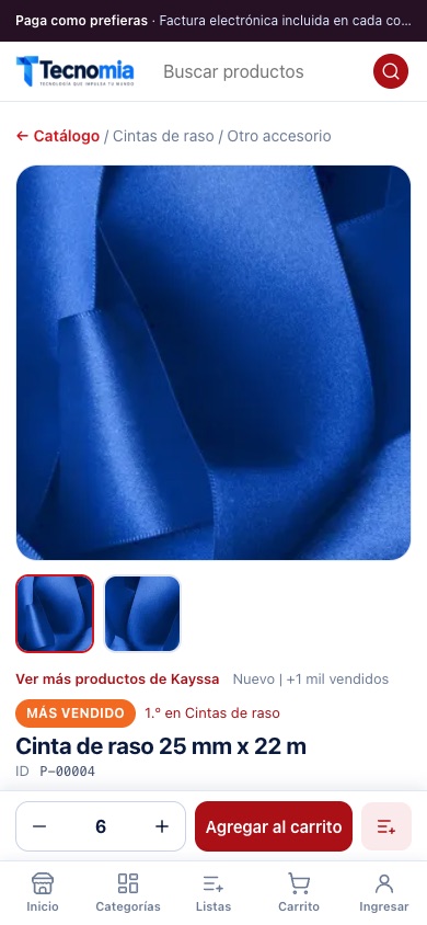 Ficha de una cinta de raso en el celular con colores, precios por cantidad y botón fijo para agregar al carrito