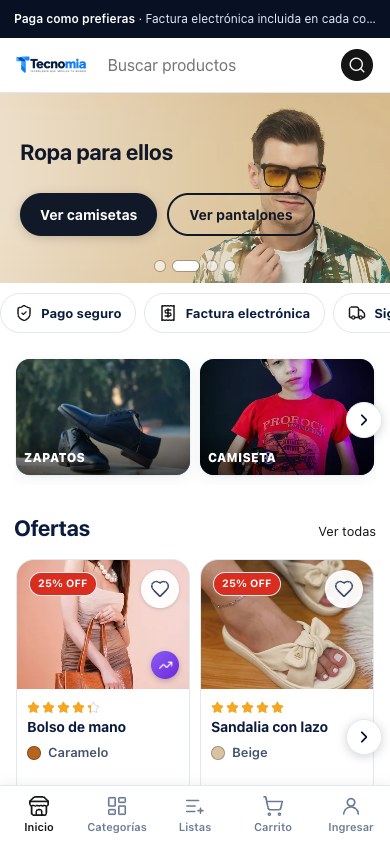 Portada de la tienda en el celular con buscador, banner, categorías y ofertas