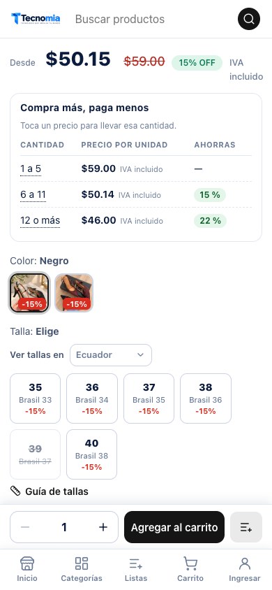 Ficha de un producto en el celular con precio, colores, tallas y botón fijo para agregar al carrito
