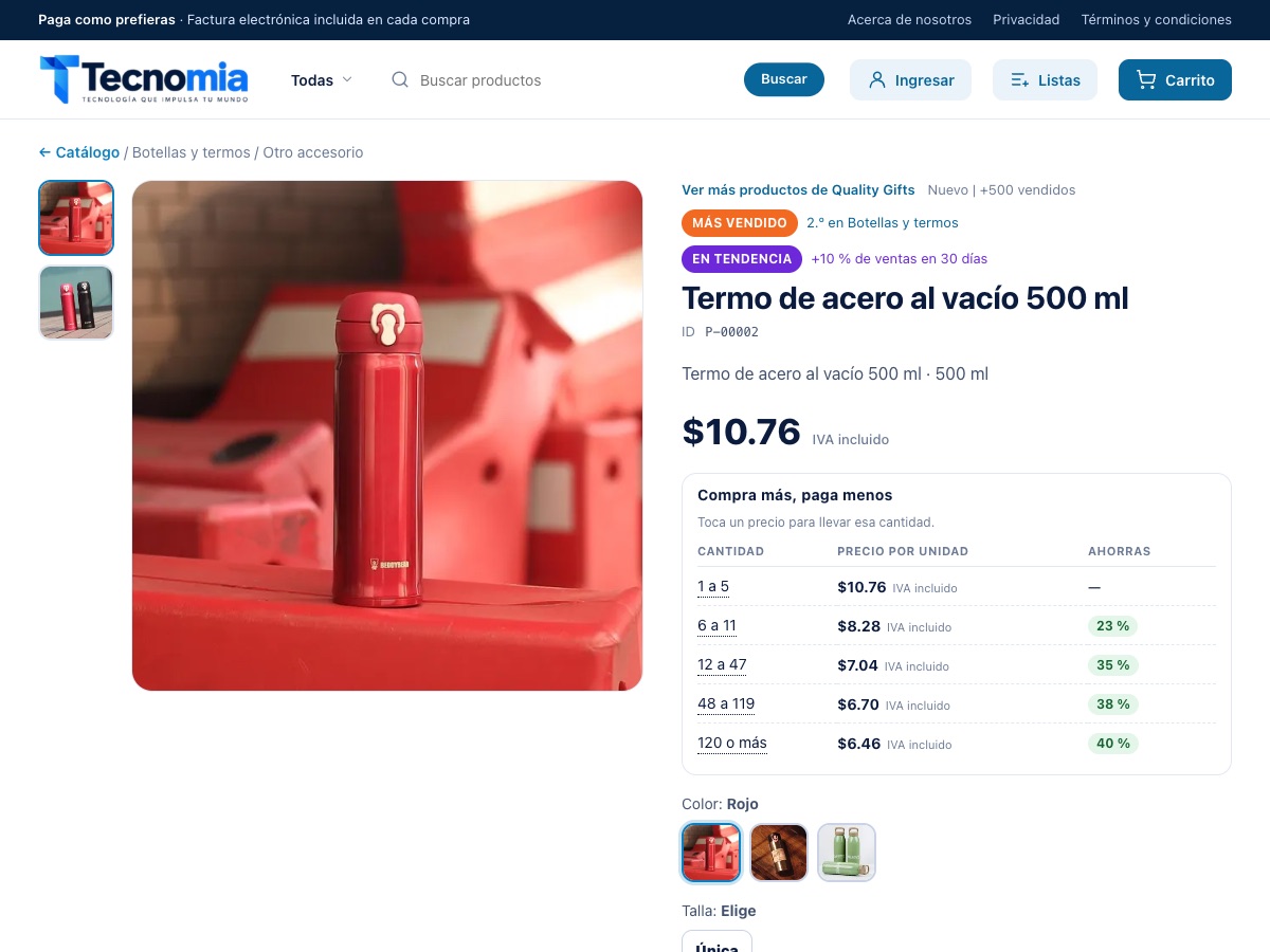 Ficha de un termo de acero al vacío con la tabla de precios por cantidad y los colores disponibles