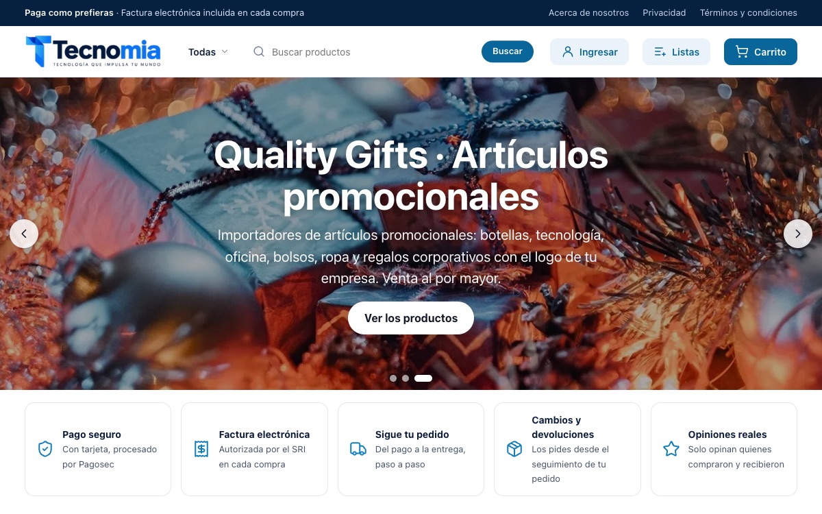 Portada de una tienda de artículos promocionales con categorías y productos más vendidos