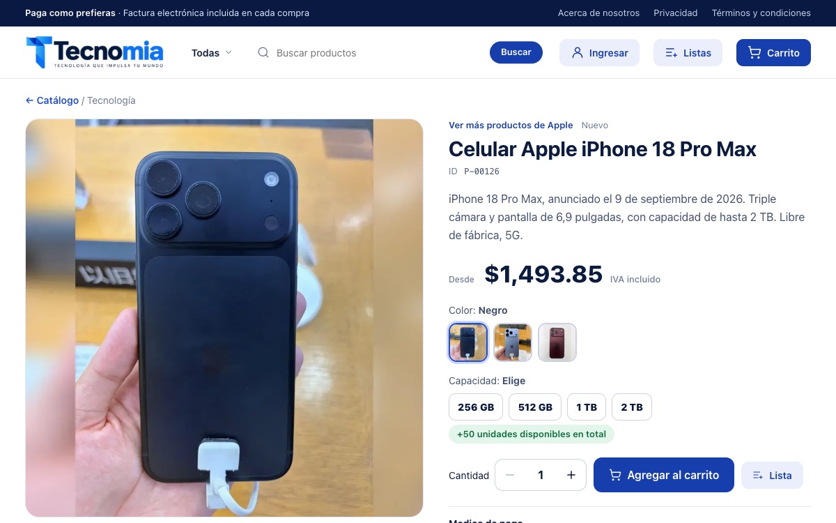 Ficha de un iPhone en una tienda de tecnología: galería de colores, capacidades de 256 GB a 2 TB y más de 50 unidades disponibles
