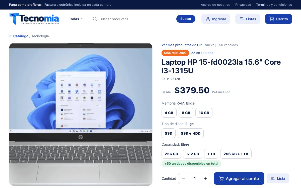 Ficha de una laptop HP con memoria RAM, tipo de disco y capacidad como variantes, y más de 50 unidades disponibles