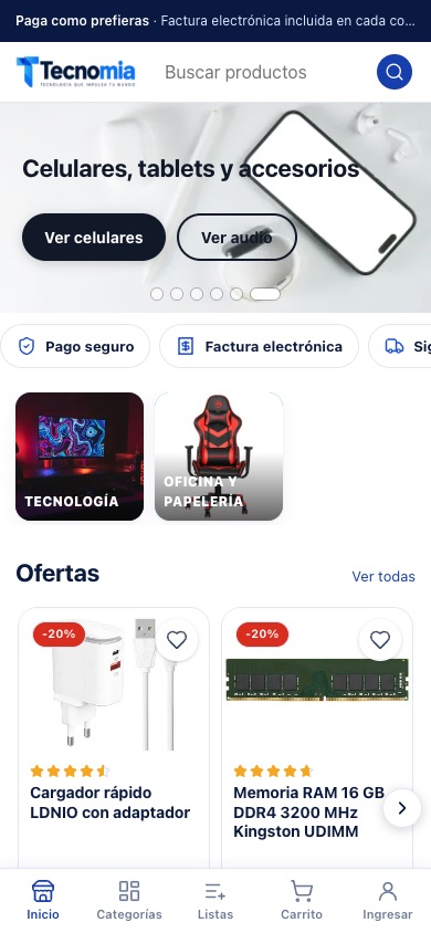 Portada de la tienda en el celular con banner y categorías