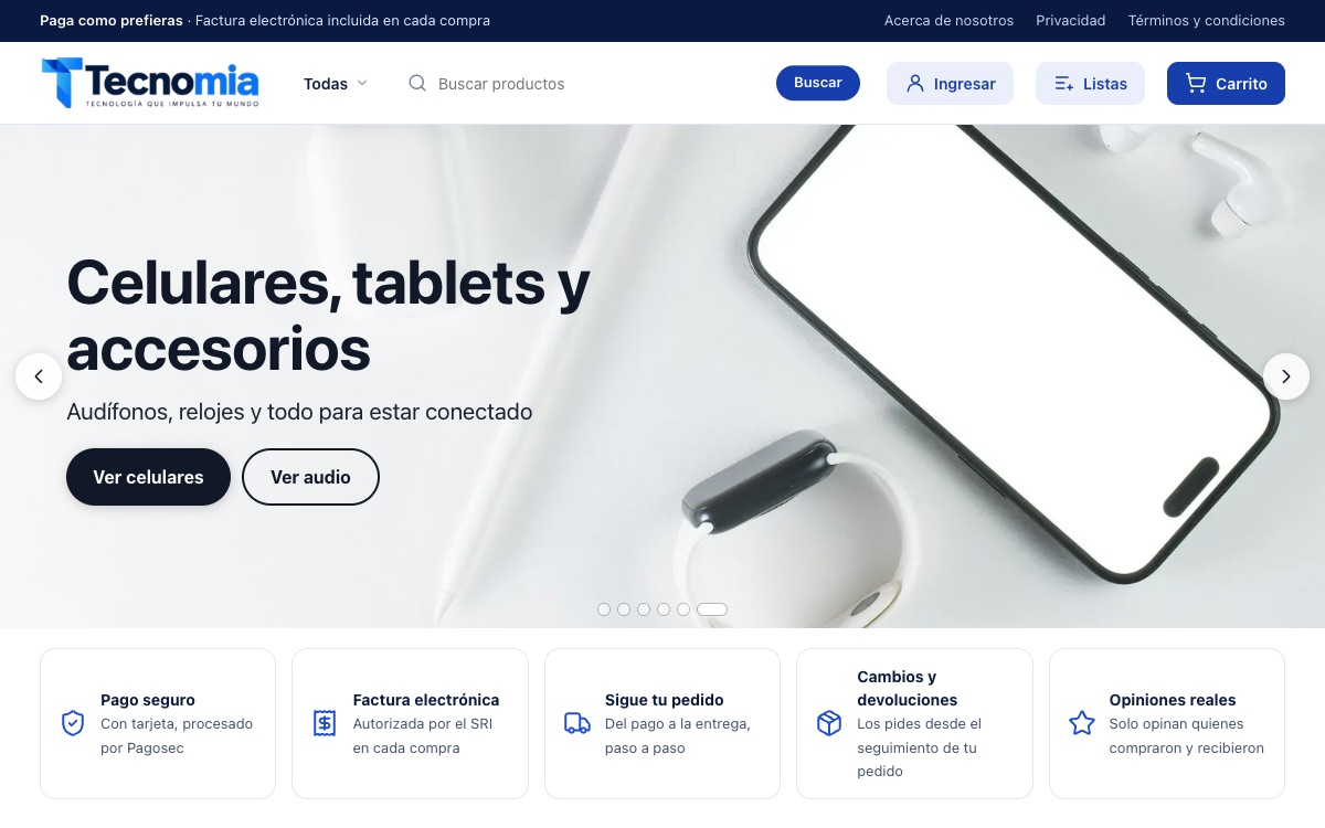 Portada de una tienda de tecnología con banner de celulares y accesorios, y confianza de pago seguro, factura electrónica y seguimiento